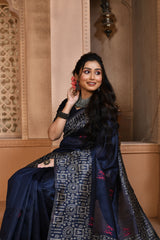 Navy Blue Color Bangalore Handloom Raw Silk Saree