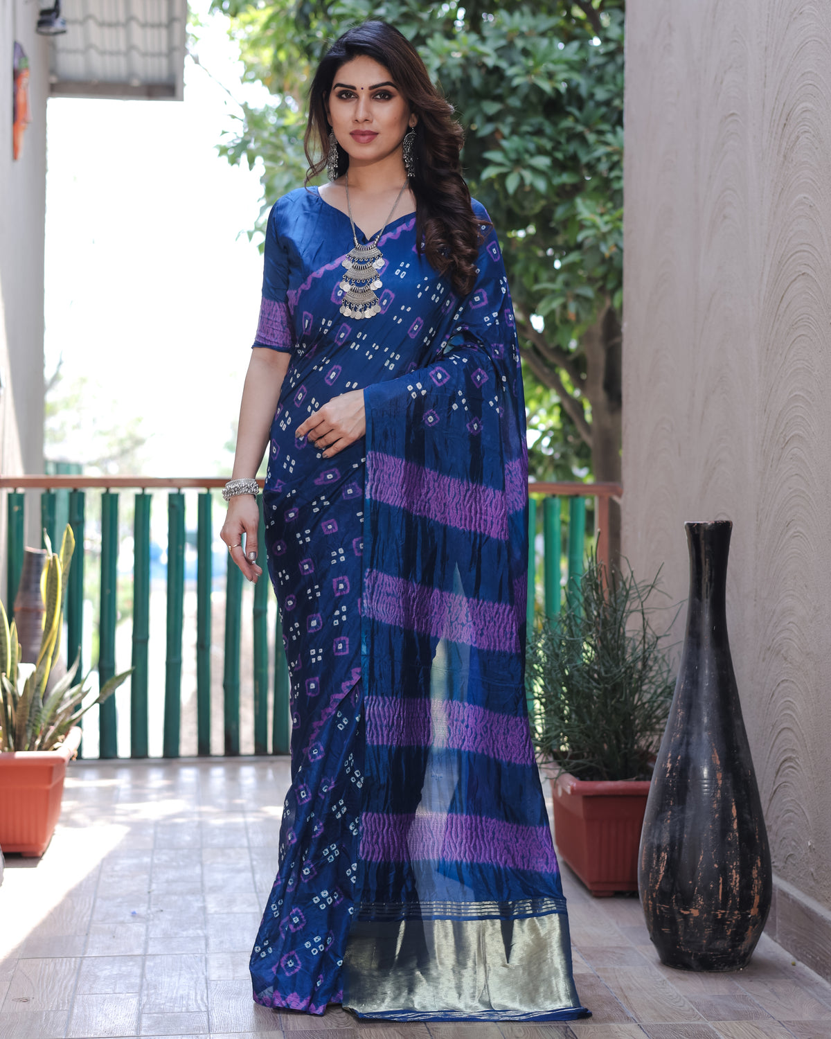 Authentic Navy Blue Bandhej Silk Saree with Zari Weaving, Rich Tissue Pallu, Sibory Design & Matching Blouse.