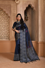 Navy Blue Color Bangalore Handloom Raw Silk Saree