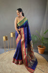 Navy Blue Elegant Paithani Weaving Saree with Ganga Jamuna Border: Rich Pallu, All-Over Buttis & Unstitched Blouse Piece.