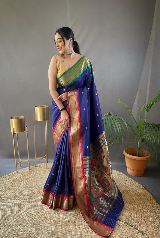 Navy Blue Paithani Weaving Saree with Ganga Jamuna Border