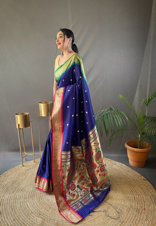 Navy Blue Paithani Weaving Saree with Ganga Jamuna Border