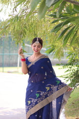 Navy Blue Linen Silk Saree