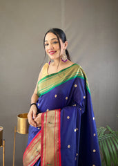 Navy Blue Elegant Paithani Weaving Saree with Ganga Jamuna Border: Rich Pallu, All-Over Buttis & Unstitched Blouse Piece.