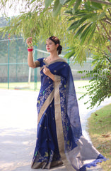 Navy Blue Linen Silk Saree