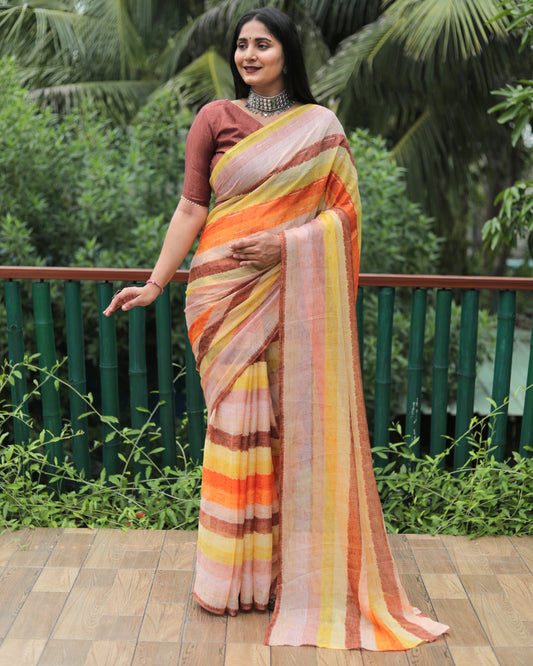 Orange Chiffon Silk With Gold Foil Print Light Weight Saree For Weddings