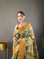 Pure Orange Tussar Silk Saree with Elegant Handpainted Kalamkari Print, Contrast Zari Weaving Border, and Zari Woven Pallu - Paired with Contrast Printed Blouse.