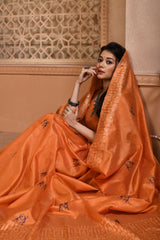 Orange Color Bangalore Handloom Raw Silk Saree