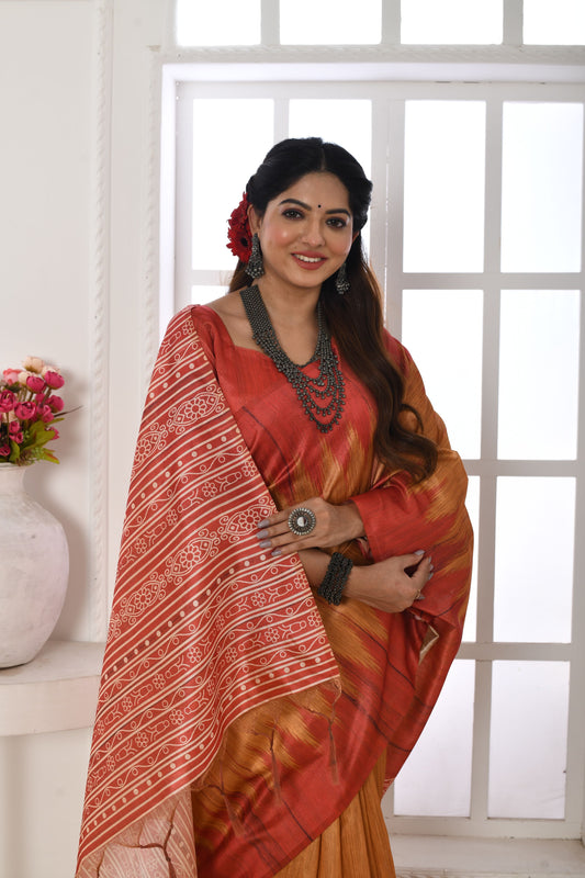 Orange Soft Tussar Silk Saree with Temple Border Print