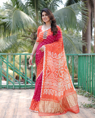 Premium Orange Pure Bandhej Silk Saree with Zari Weaving, Rich Tissue Pallu & Unstitched Blouse Piece.