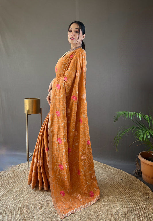 Orange Tussar Silk Saree with Embroidery Design