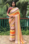 Orange Chiffon Silk With Gold Foil Print Light Weight Saree For Weddings