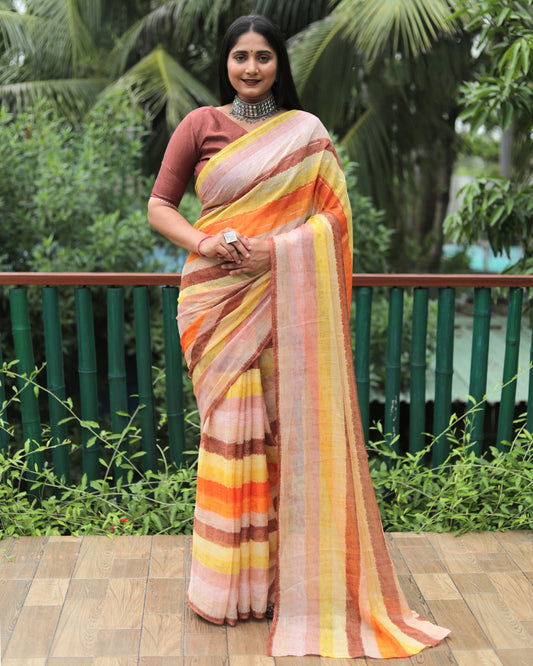 Orange Chiffon Silk With Gold Foil Print Light Weight Saree For Weddings