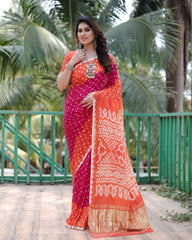 Premium Orange Pure Bandhej Silk Saree with Zari Weaving, Rich Tissue Pallu & Unstitched Blouse Piece.