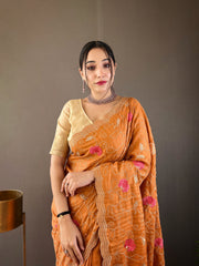 Orange Tussar Silk Saree with Embroidery Design