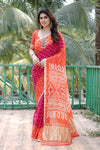 Premium Orange Pure Bandhej Silk Saree with Zari Weaving, Rich Tissue Pallu & Unstitched Blouse Piece.