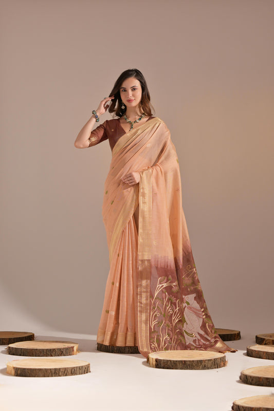 Orange Muga Cotton Saree with Contrast Blouse.