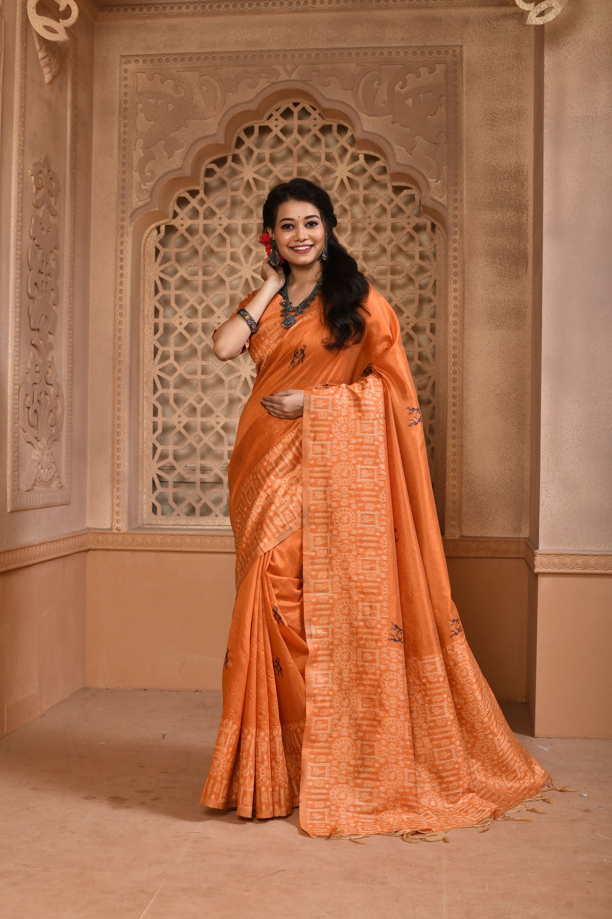 Orange Color Bangalore Handloom Raw Silk Saree