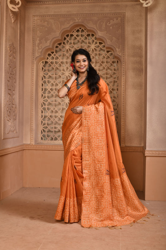 Orange Color Bangalore Handloom Raw Silk Saree