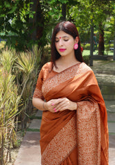 Orange Kalamkari Bangalori Handloom Raw Silk Weaving Saree