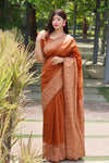 Orange Kalamkari Bangalori Handloom Raw Silk Weaving Saree