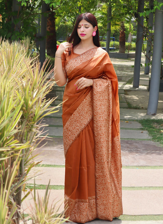 Orange Kalamkari Bangalori Handloom Raw Silk Weaving Saree