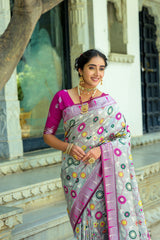 Gray Soft Banarasi Silk Paithani Saree