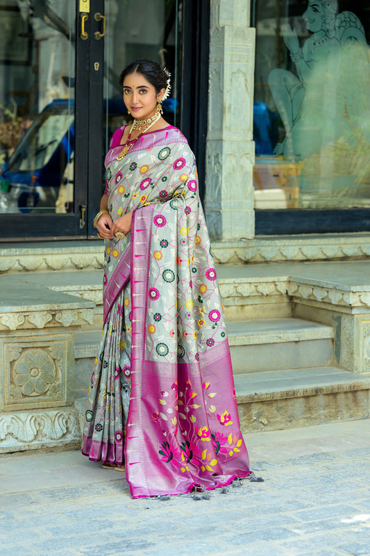 Gray Soft Banarasi Silk Paithani Saree