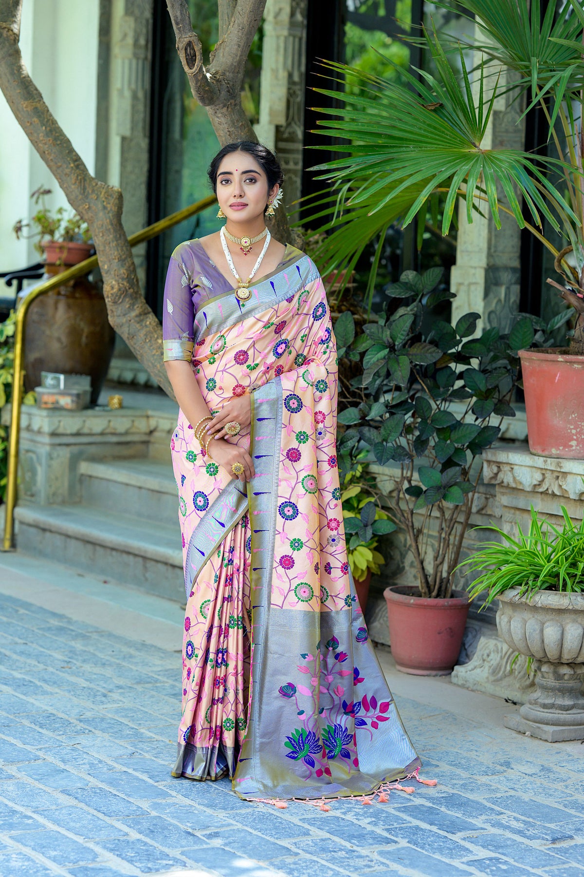 Peach Soft Banarasi Silk Paithani Saree With Blouse