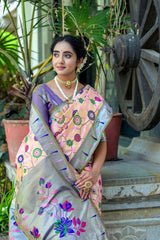 Peach Soft Banarasi Silk Paithani Saree With Blouse