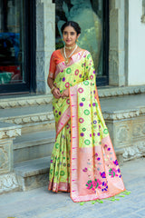 Pista Soft Banarasi Silk Paithani Saree