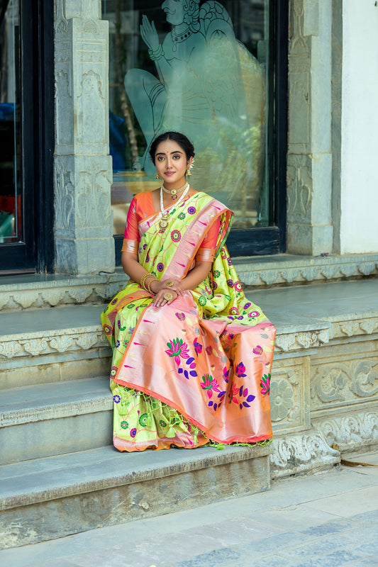 Pista Soft Banarasi Silk Paithani Saree