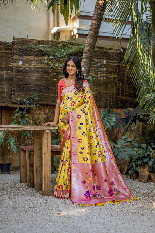 Yellow Soft Banarasi Silk Paithani Saree