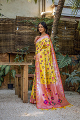 Yellow Soft Banarasi Silk Paithani Saree