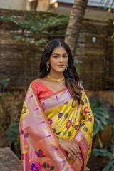 Yellow Soft Banarasi Silk Paithani Saree