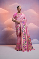 Pink Soft Banarasi Silk Saree Paithani with Kanjivaram Weaving