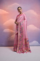 Pink Soft Banarasi Silk Saree Paithani with Kanjivaram Weaving