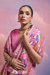 Pink Soft Banarasi Silk Saree Paithani with Kanjivaram Weaving