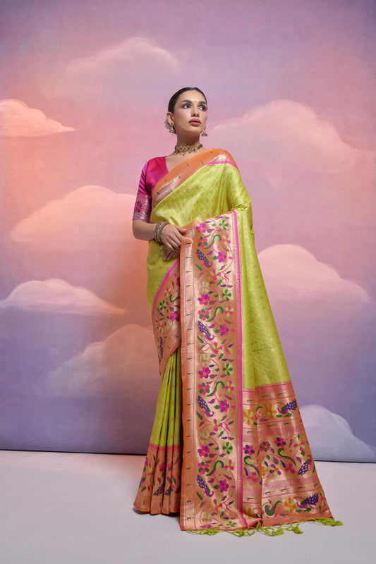 Mehndi Soft Banarasi Silk Saree Paithani with Kanjivaram Weaving