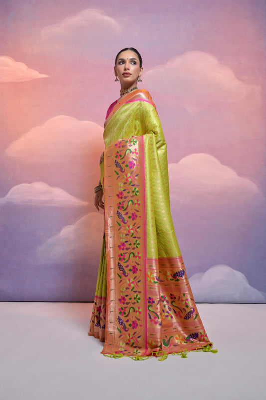 Mehndi Soft Banarasi Silk Saree Paithani with Kanjivaram Weaving