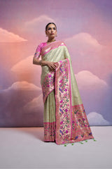 Pista Soft Banarasi Silk Saree Paithani with Kanjivaram Weaving