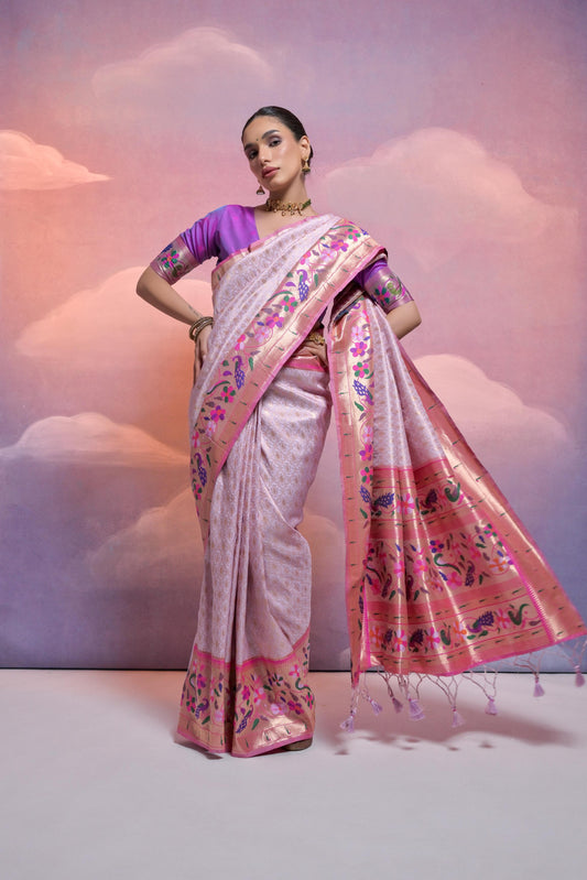 Purple Soft Banarasi Silk Saree Paithani with Kanjivaram Weaving