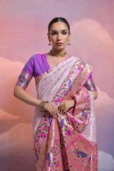 Purple Soft Banarasi Silk Saree Paithani with Kanjivaram Weaving