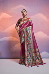 Wine Soft Banarasi Silk Saree Paithani with Kanjivaram Weaving