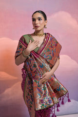 Wine Soft Banarasi Silk Saree Paithani with Kanjivaram Weaving