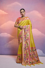 Yellow Soft Banarasi Silk Saree Paithani with Kanjivaram Weaving