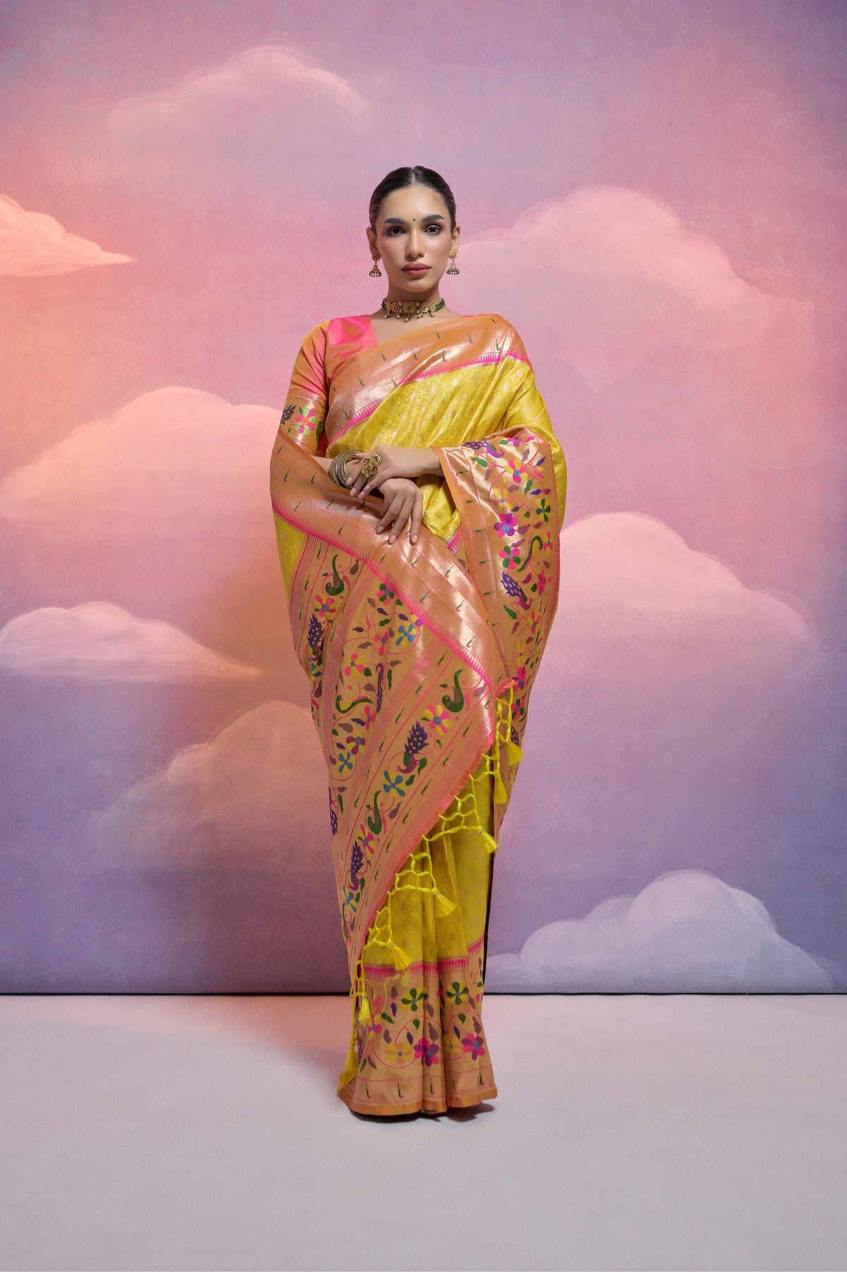 Yellow Soft Banarasi Silk Saree Paithani with Kanjivaram Weaving