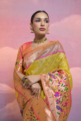 Yellow Soft Banarasi Silk Saree Paithani with Kanjivaram Weaving