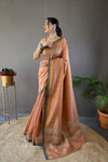 Peach Color Soft Silk Saree with All-Over Zari Checks Weaving Design and Border | Running Unstitched Blouse Included