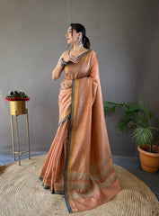 Peach Color Soft Silk Saree with All-Over Zari Checks Weaving Design and Border | Running Unstitched Blouse Included